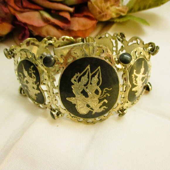 Vintage SIAM STERLING Nielloware Bracelet: Thai Deity Panel Link Bracelet - Picture 8 of 15